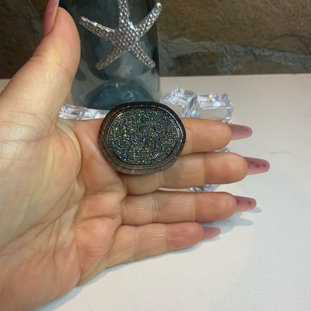 Huge Black Metal Rainbow Sugar Druzy Ring